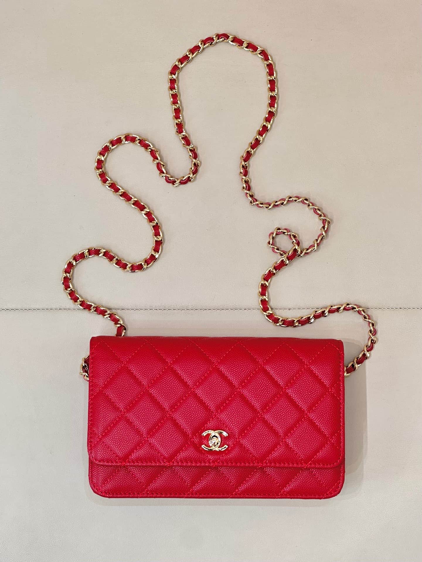 Chanel Classic Wallet on Chain Grained Shiny Calfskin& Gold-Tone Metal AP4241 Red TOP