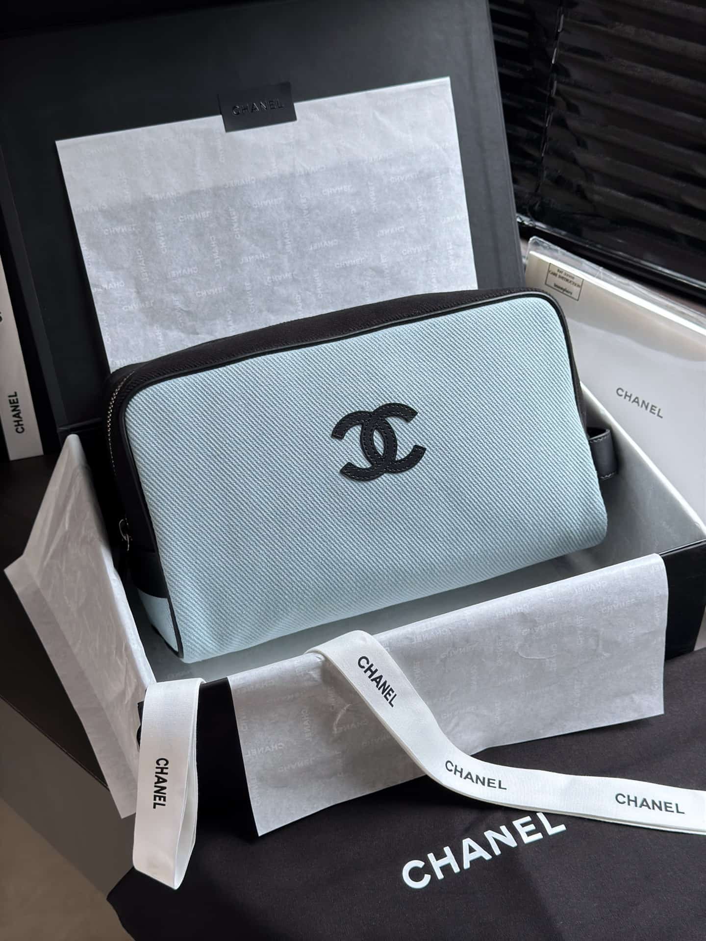 Chanel Large Zipped Pouch Canvas Calfskin & Silver-Tone Metal AP5267 Light Blue A