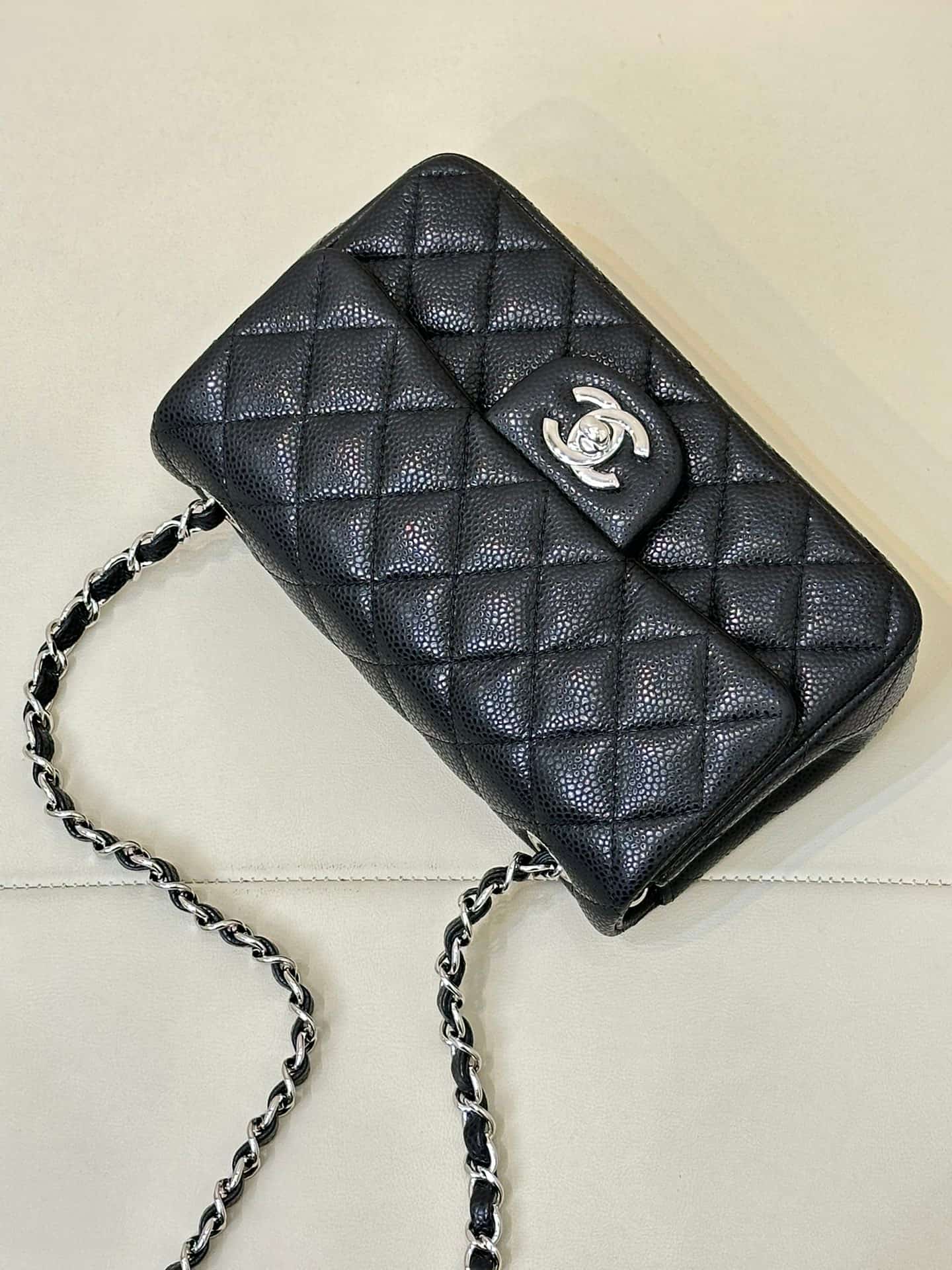 CHANEL Mini Classic Handbag Grained Calfskin & Silver-tone Metal A69900 Black TOP