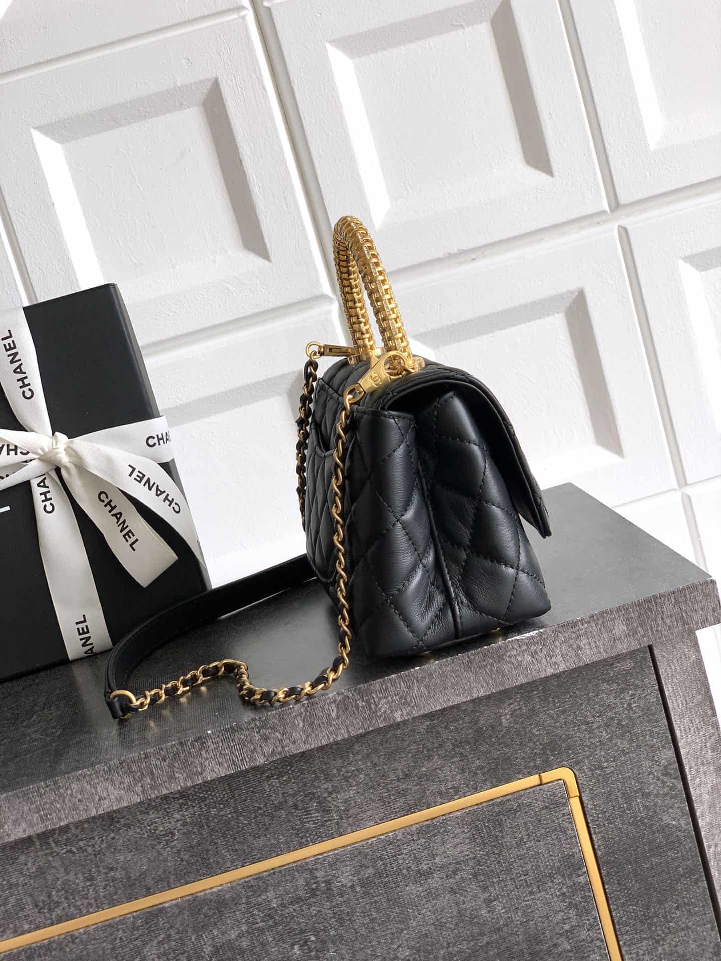 MINI FLAP BAG WITH TOP HANDLE AS2215 Calfskin, Strass & Gold-Tone Metal Black A