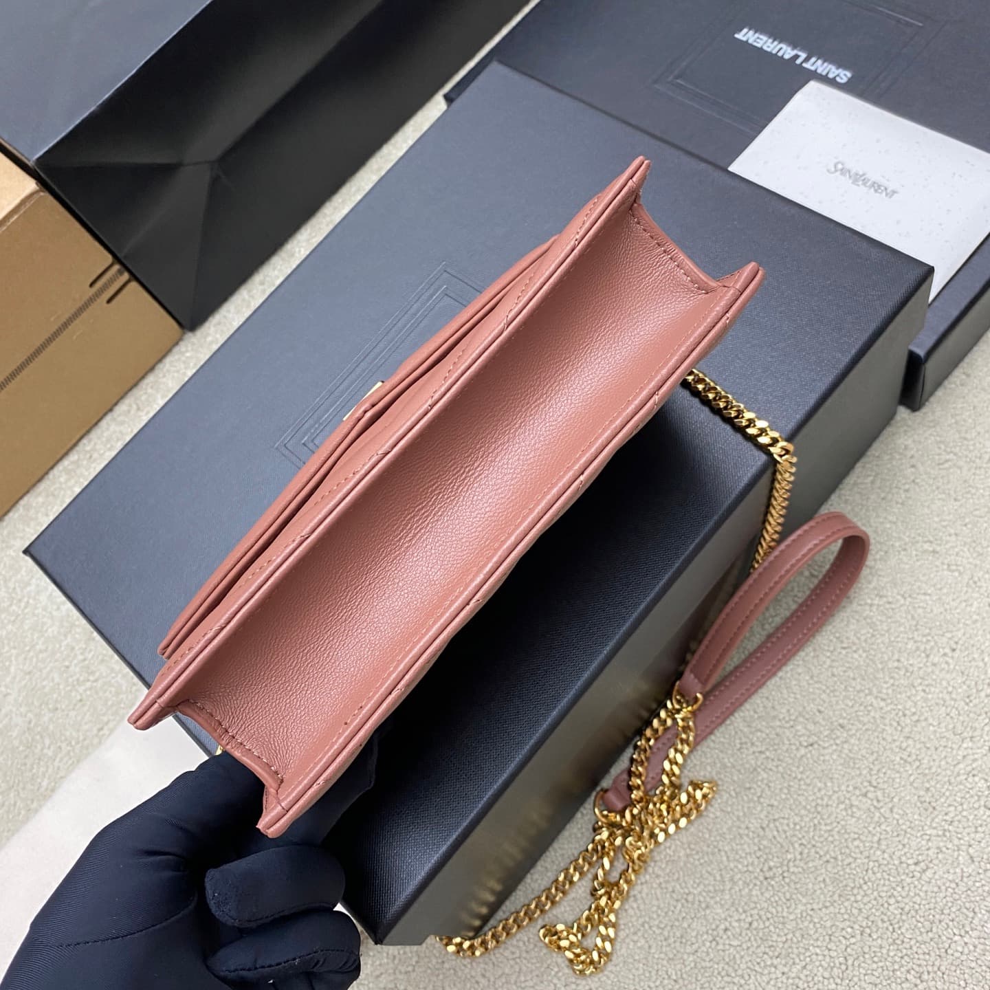 Saint Laurent Monogram Matelassé Cassandre Wallet on Chain Ice Plum Pink Lambskin 393953 High