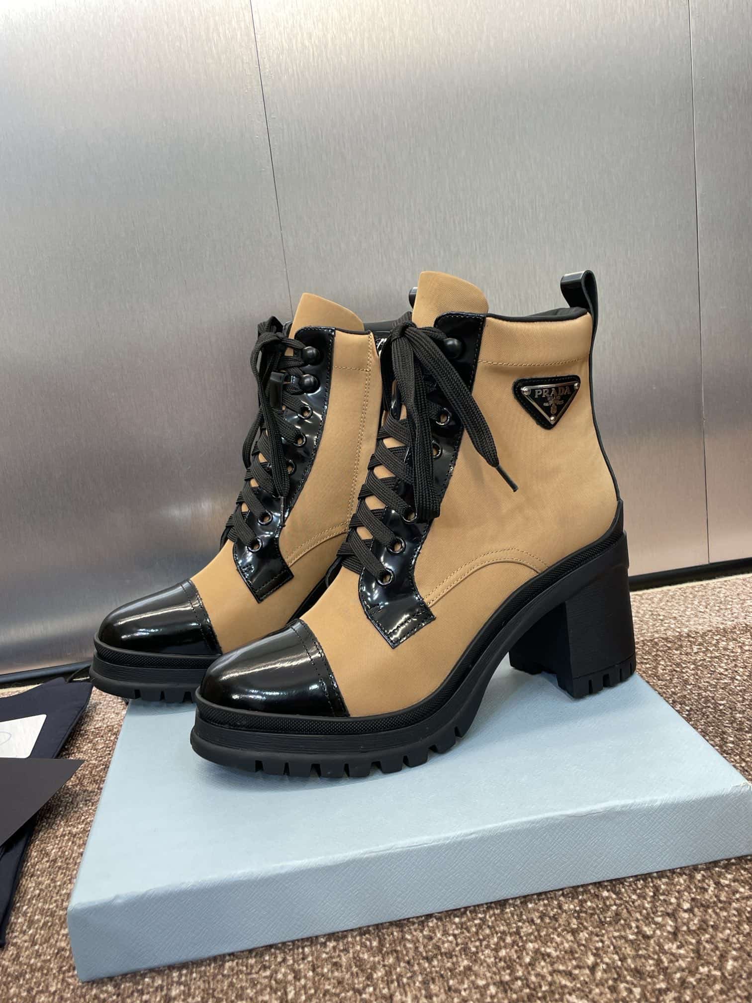 Prada Enameled Metal Triangle Nylon Combat Boots Shoes Medium Women