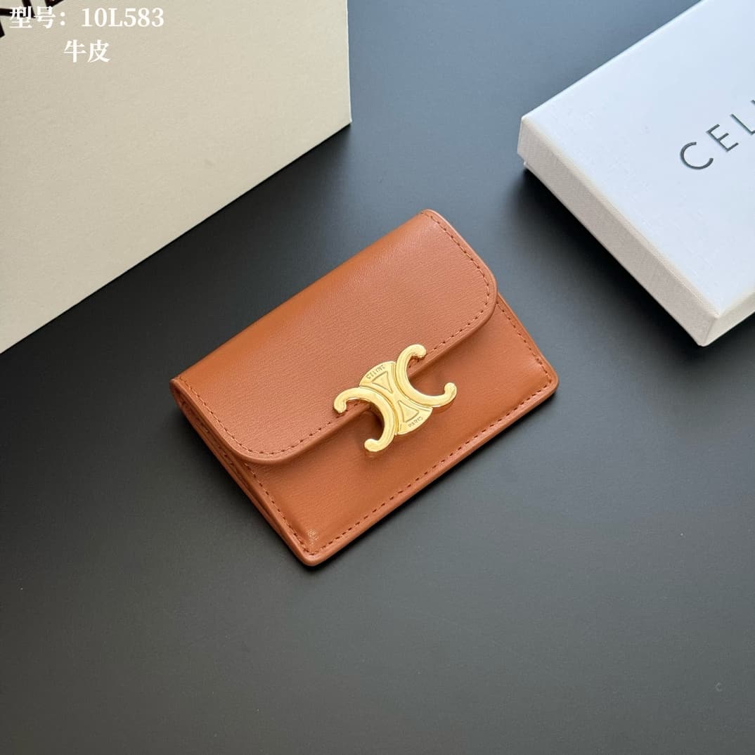 Celine Triomphe Flap Card Holder in shiny Caramel calfskin High