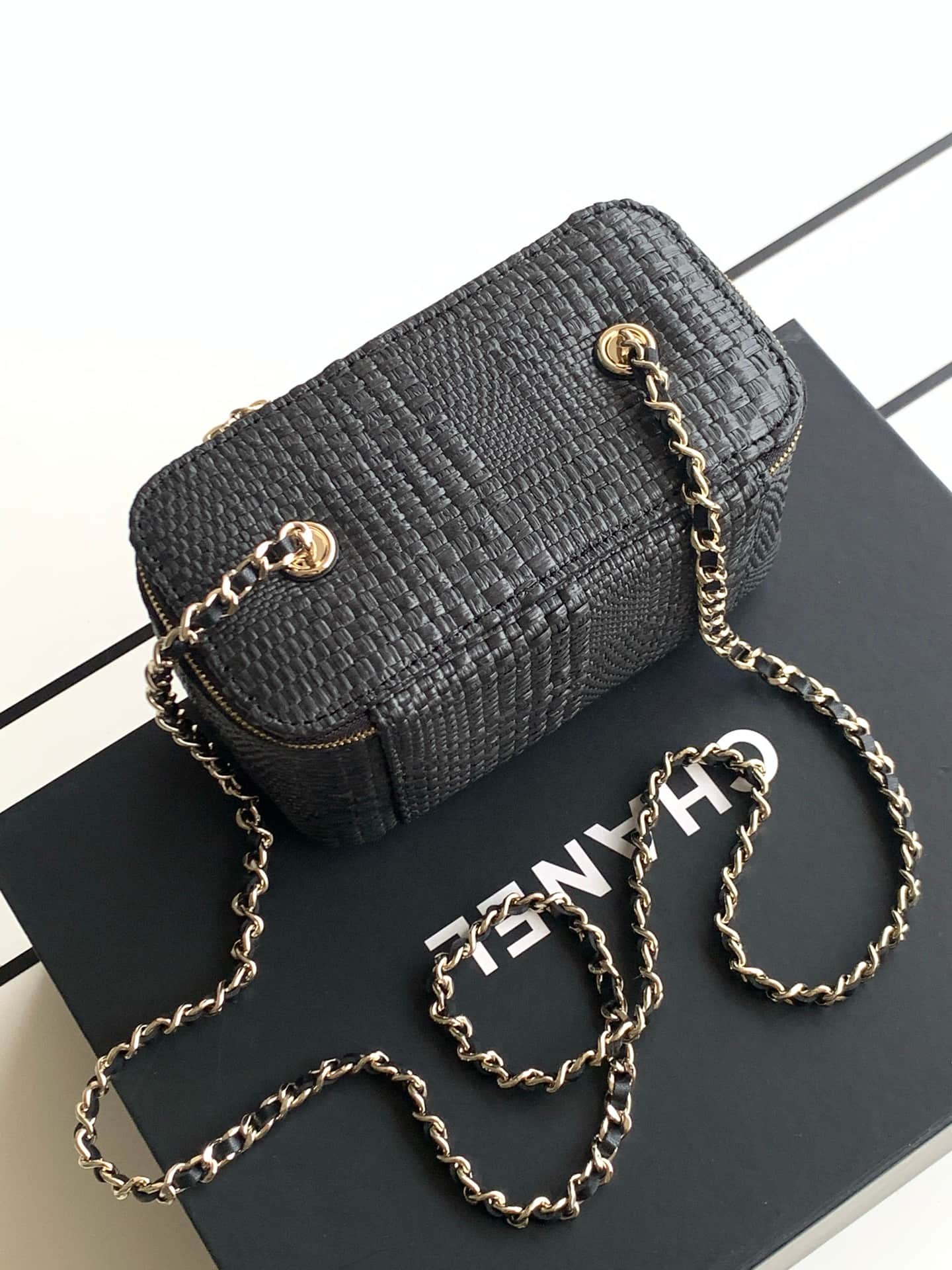 Chanel Classic Long Vanity with Chain Braided Raffia & Gold-Tone Metal Black AP1341 High