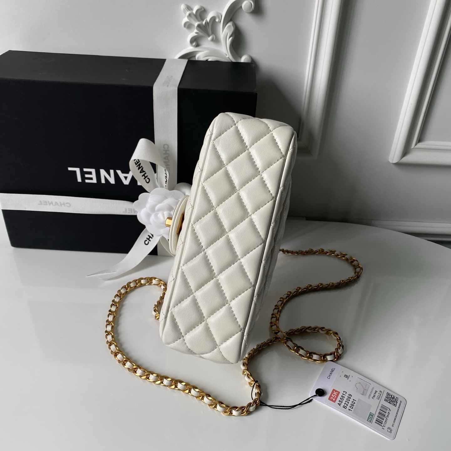Chanel Mini Flap Bag with Top Handle Lambskin& Gold-tone Metal White AS5813 A
