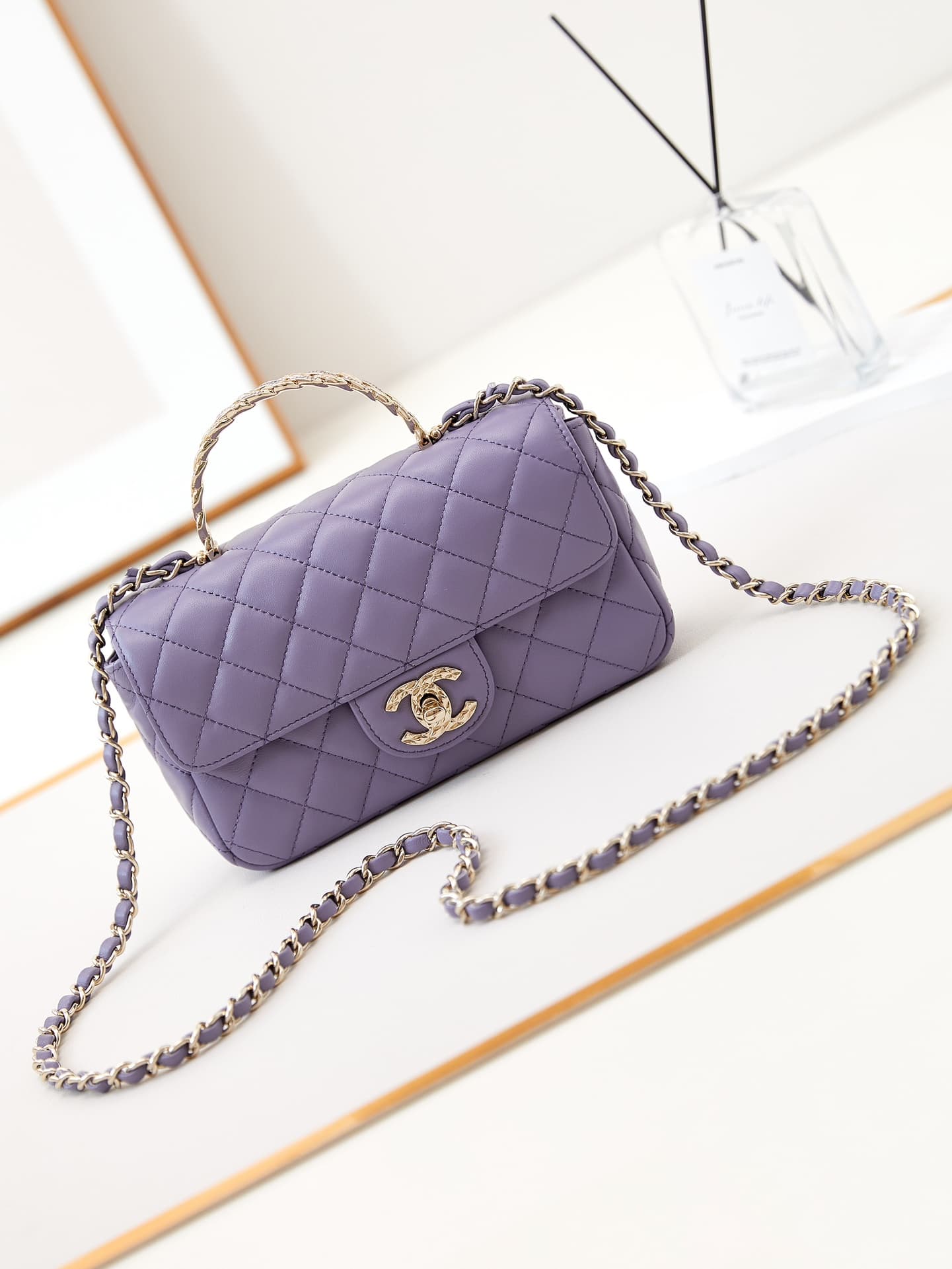 Chanel Mini Flap Bag with Top Handle Lambskin& Gold-Tone Metal Purple AS4924 A