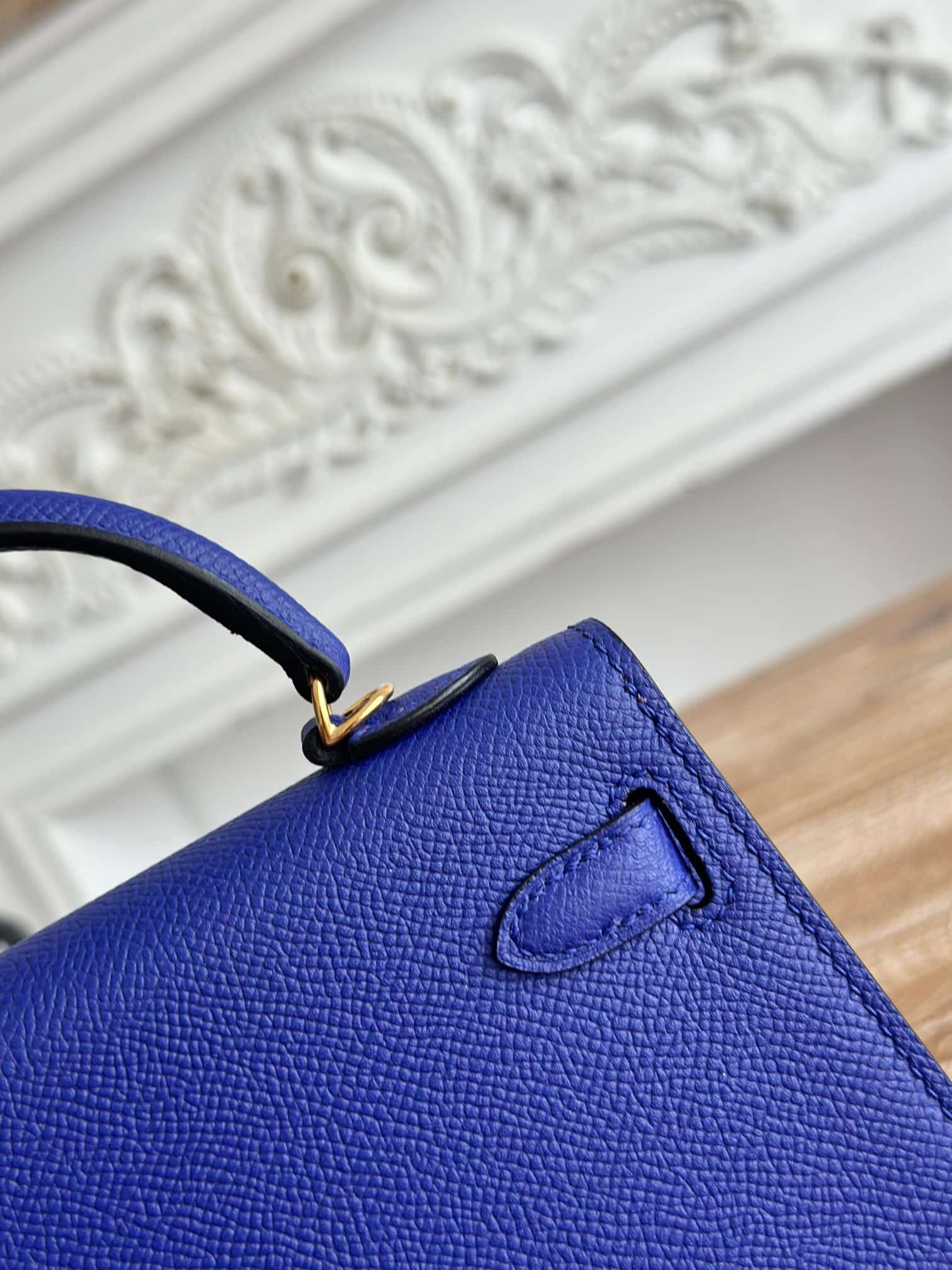 Hermes Kelly Mini II Bag Epsom Leather WAX Silver/Gold Metal Bleu Electric High