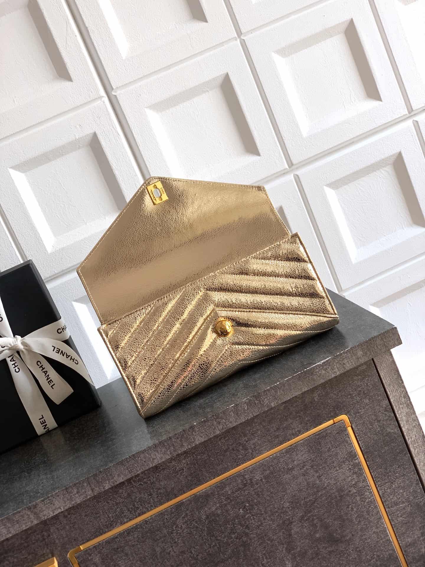 Chanel Flap Bag with Top Handle Metallic Chevron Lambskin Leather Finish& Champagne Gold-Tone Metal Gold AS6044 A