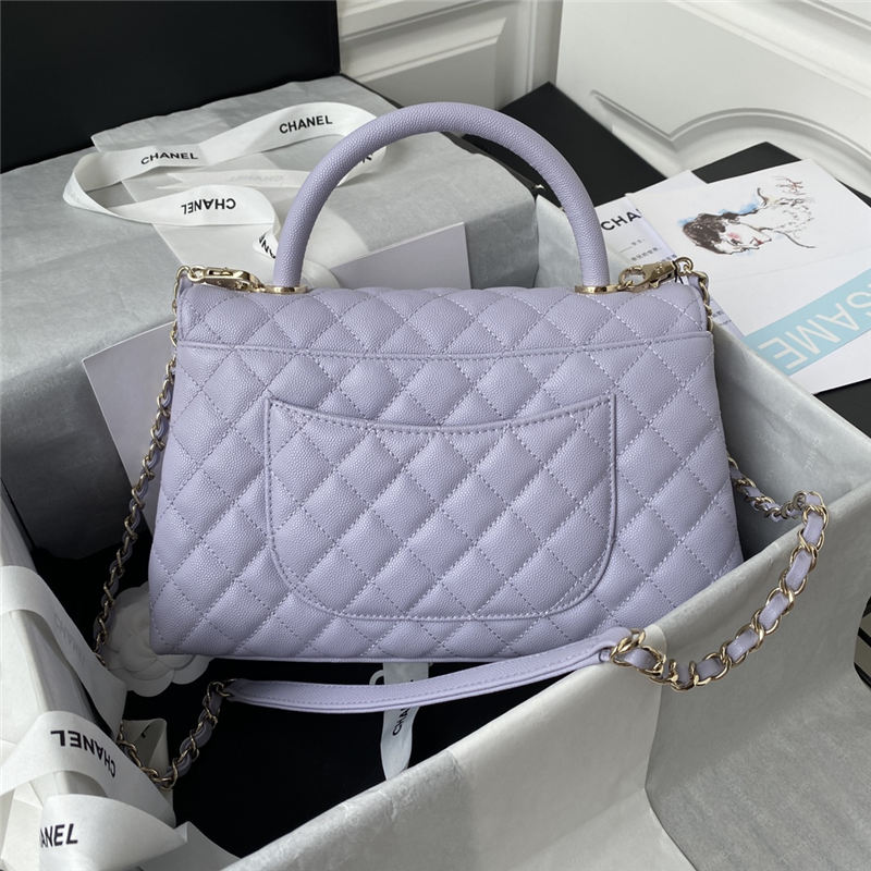 Medium FLAP BAG WITH TOP HANDLE Grained Calfskin Gold Metal Lilac A