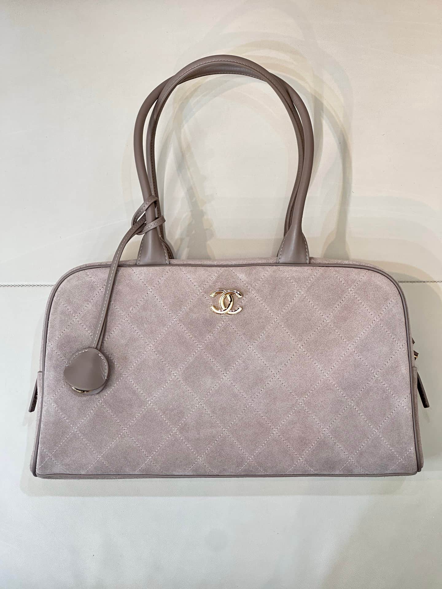 Chanel Bowling Bag Suede Calfskin Calfskin & Gold-Tone Metal Grey TOP