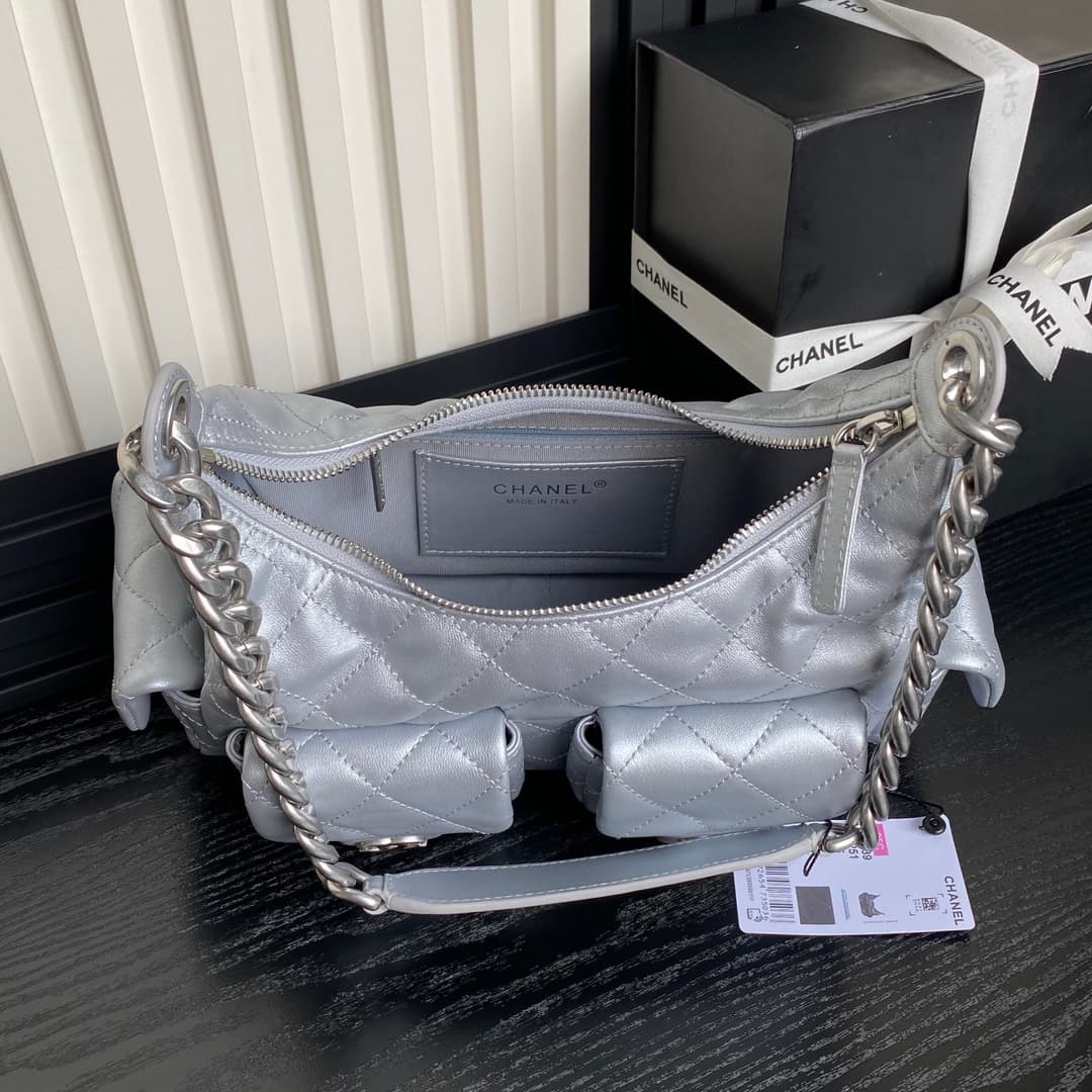 Chanel Trendy Pockets Hobo Bag Lambskin & Silver Metal Silver AS5339 A