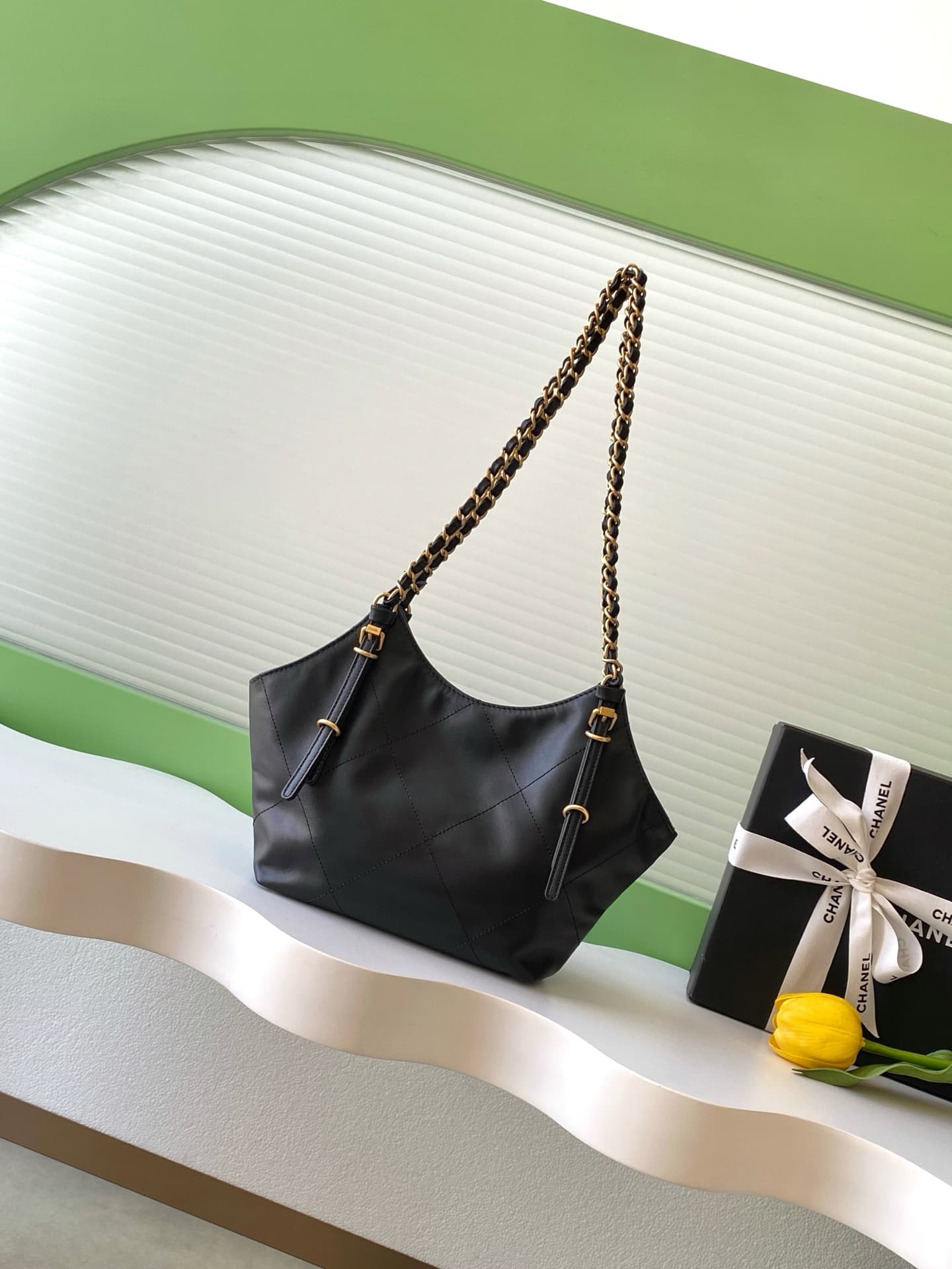 Chanel Shopping Bag Calfskin & Gold-Tone Metal Black AS6015 A
