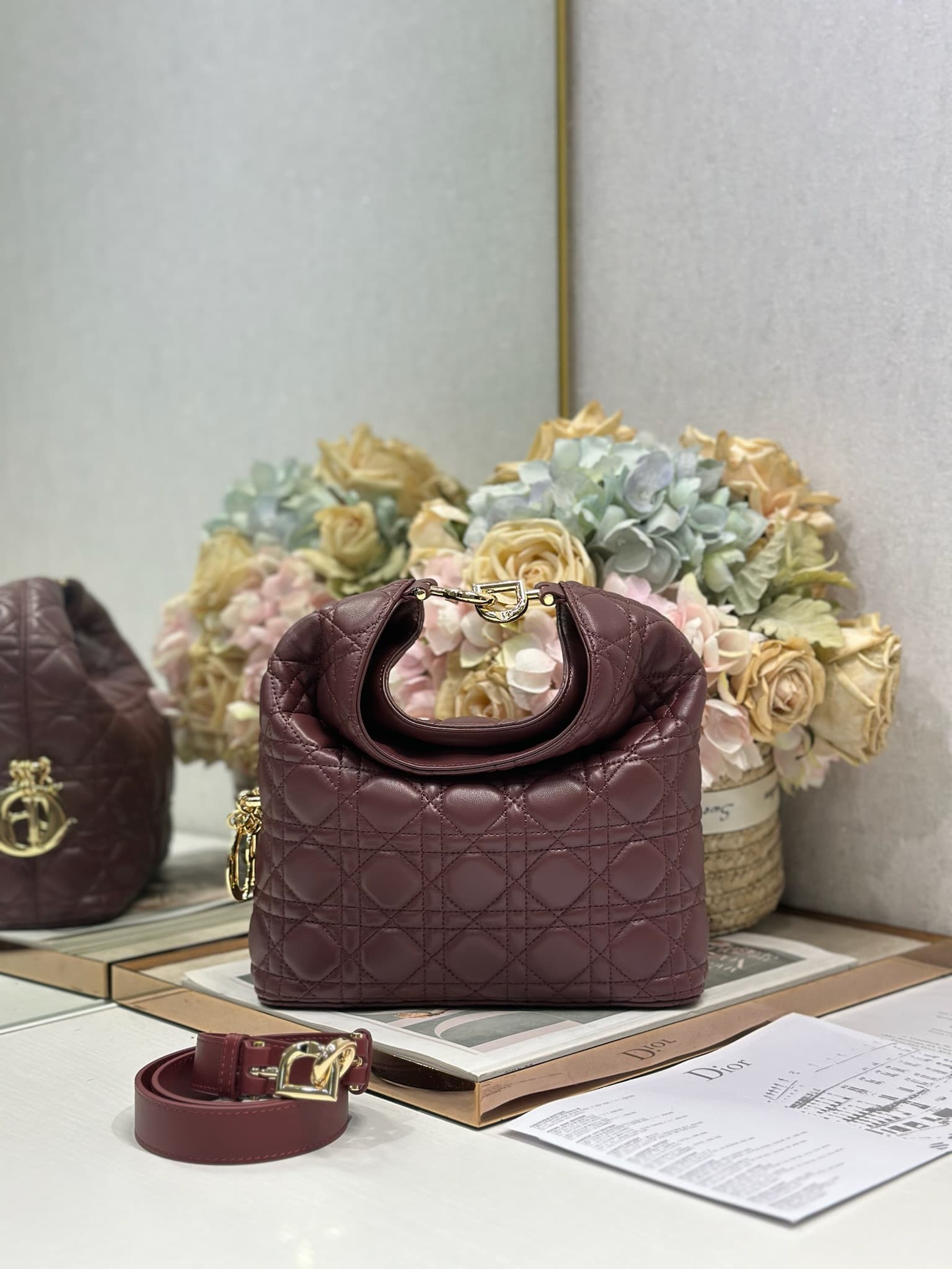 Dior Macrocannage Calfskin Handbag Burgundy High