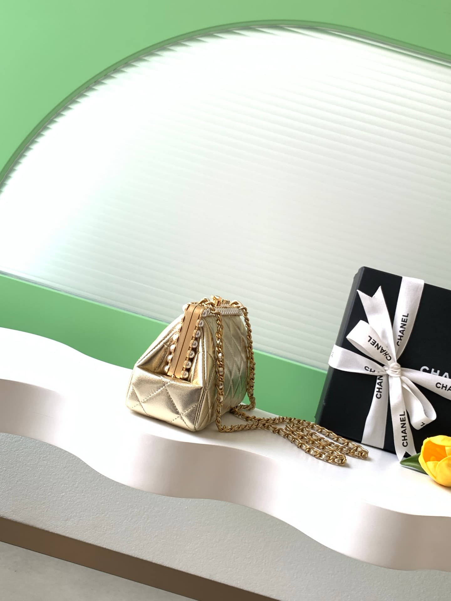 Chanel Pearly Lambskin Imitation Pearls & Gold-Tone Metal Champagne Gold AS5912 A