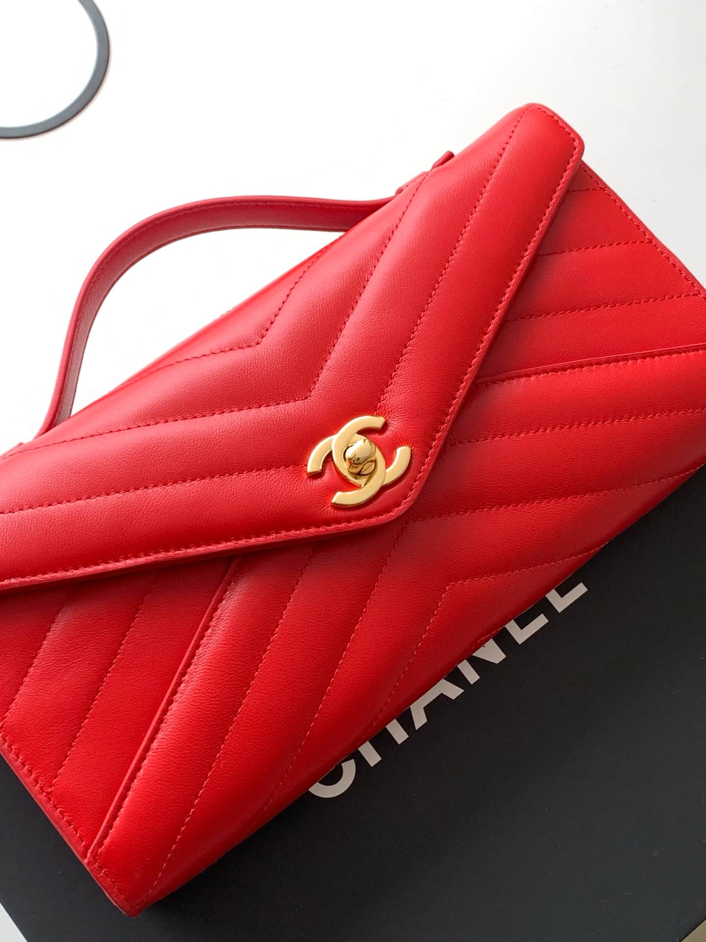 Chanel Flap Bag with Top Handle Chevron Calfskin & Gold-Tone Metal Red AS6044 A