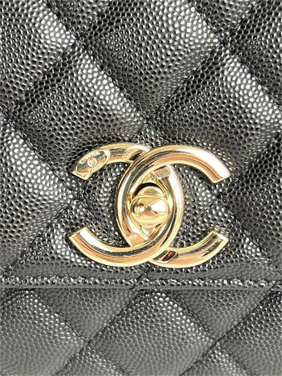 Medium FLAP BAG WITH TOP HANDLE Grained Calfskin Black-binding Gold Metal High