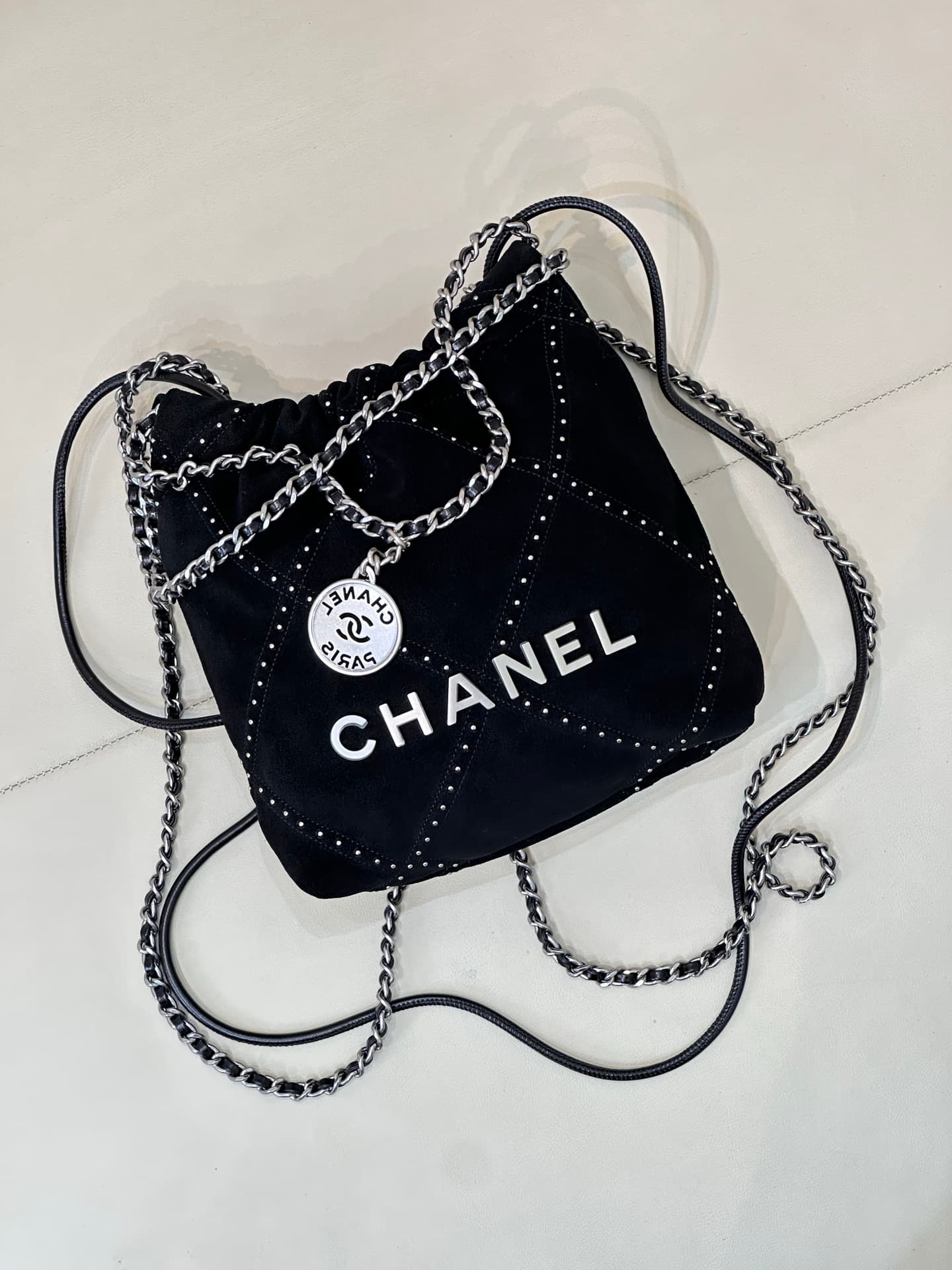 Chanel 22 MINI HANDBAG Suede Black &Silver-Tone Metal AS3980 TOP