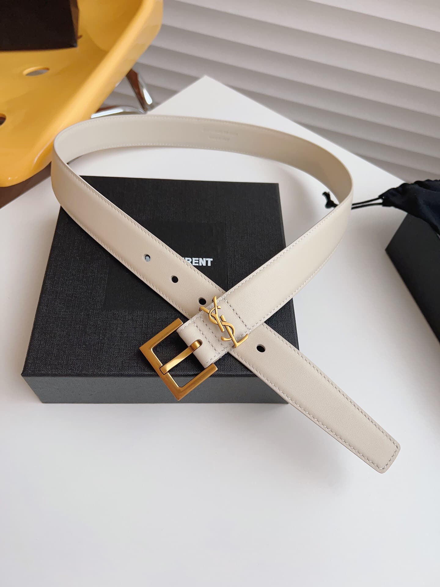 YSL CASSANDRE BELT WITH SQUARE BUCKLE IN SHINY BOX LEATHER High