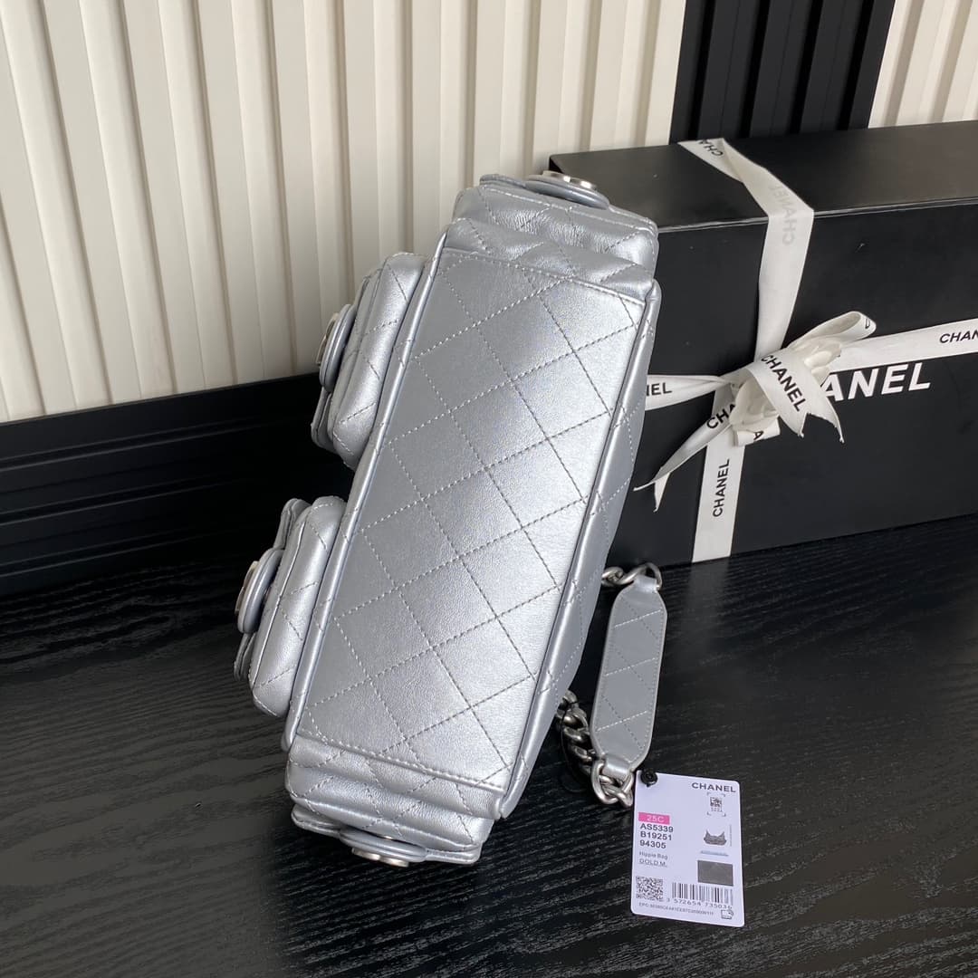 Chanel Trendy Pockets Hobo Bag Lambskin & Silver Metal Silver AS5339 A