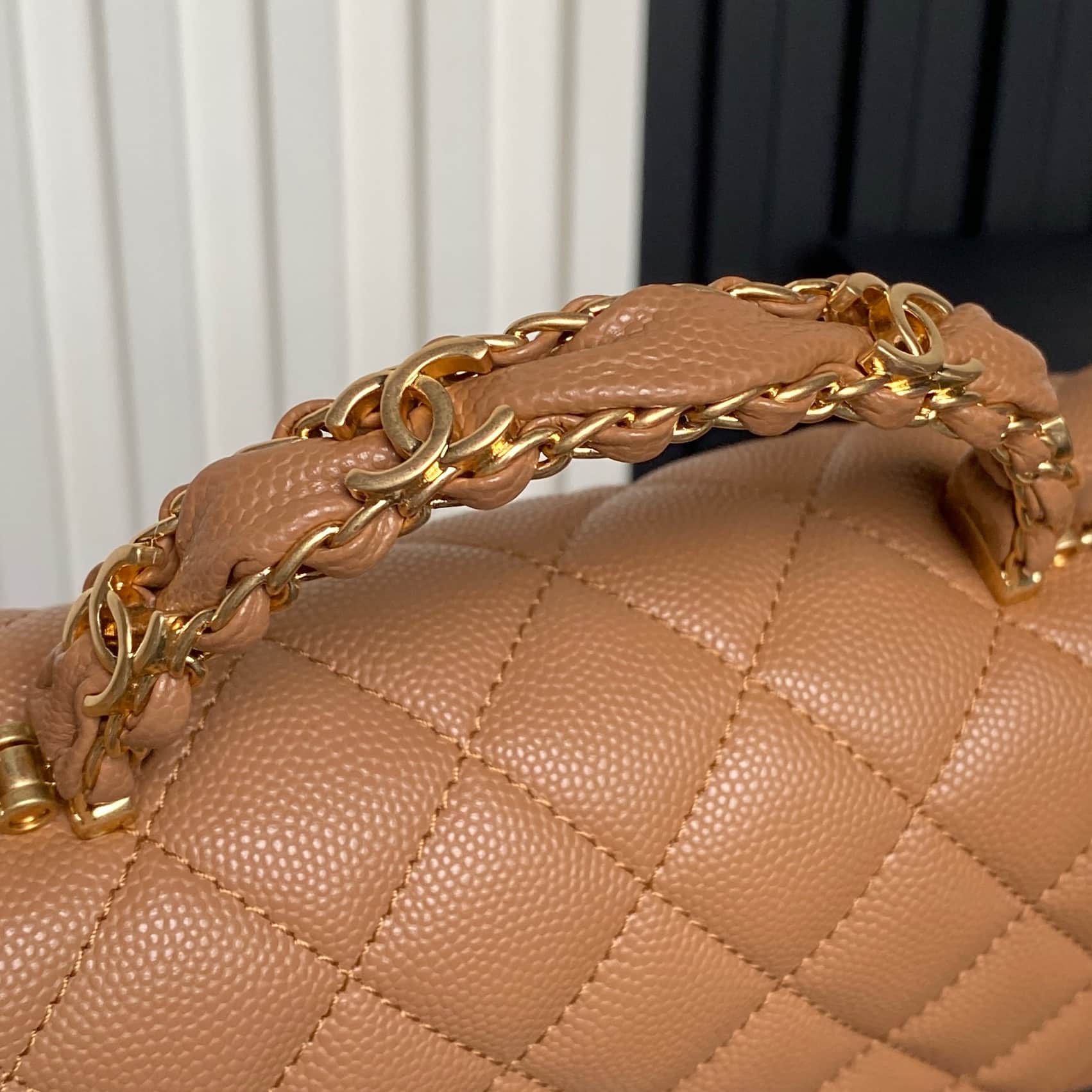 Chanel Small Flap Bag with Top Handle Grained Shiny Calfskin &  Gold-Tone Metal Brown AS5702 A