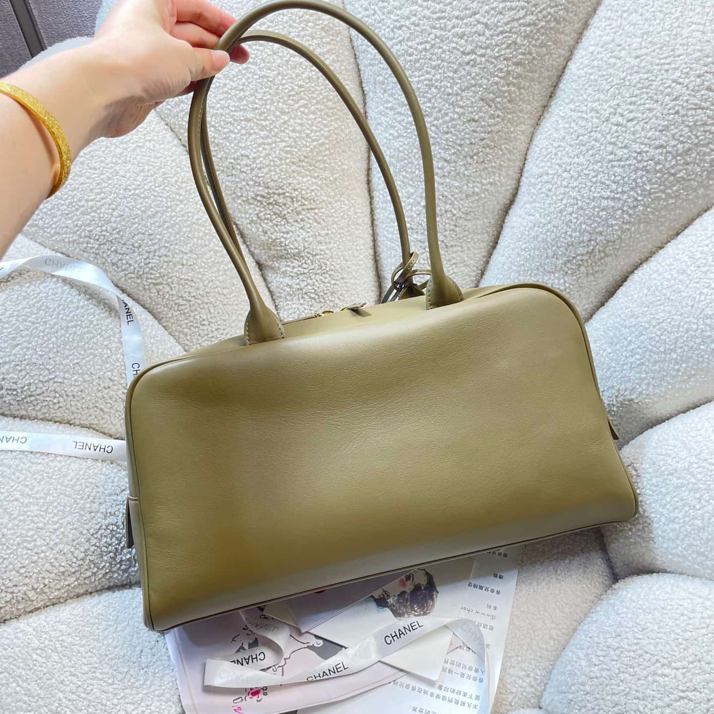 Chanel Maxi Bowling Bag Calfskin & Gold-Tone Metal Khaki AS6211 A