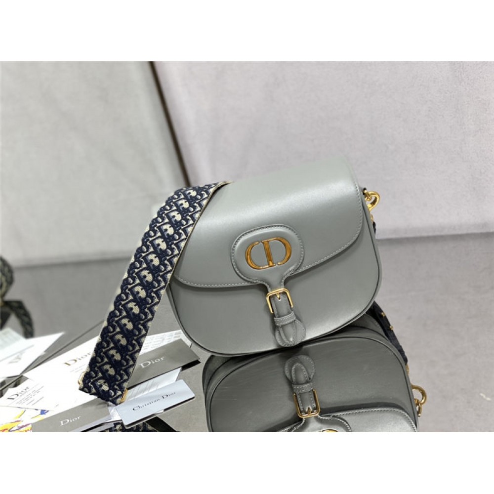 LARGE Dior BOBBY BAG Box Calfskin with Blue Dior Oblique Embroidered Strap Gray High