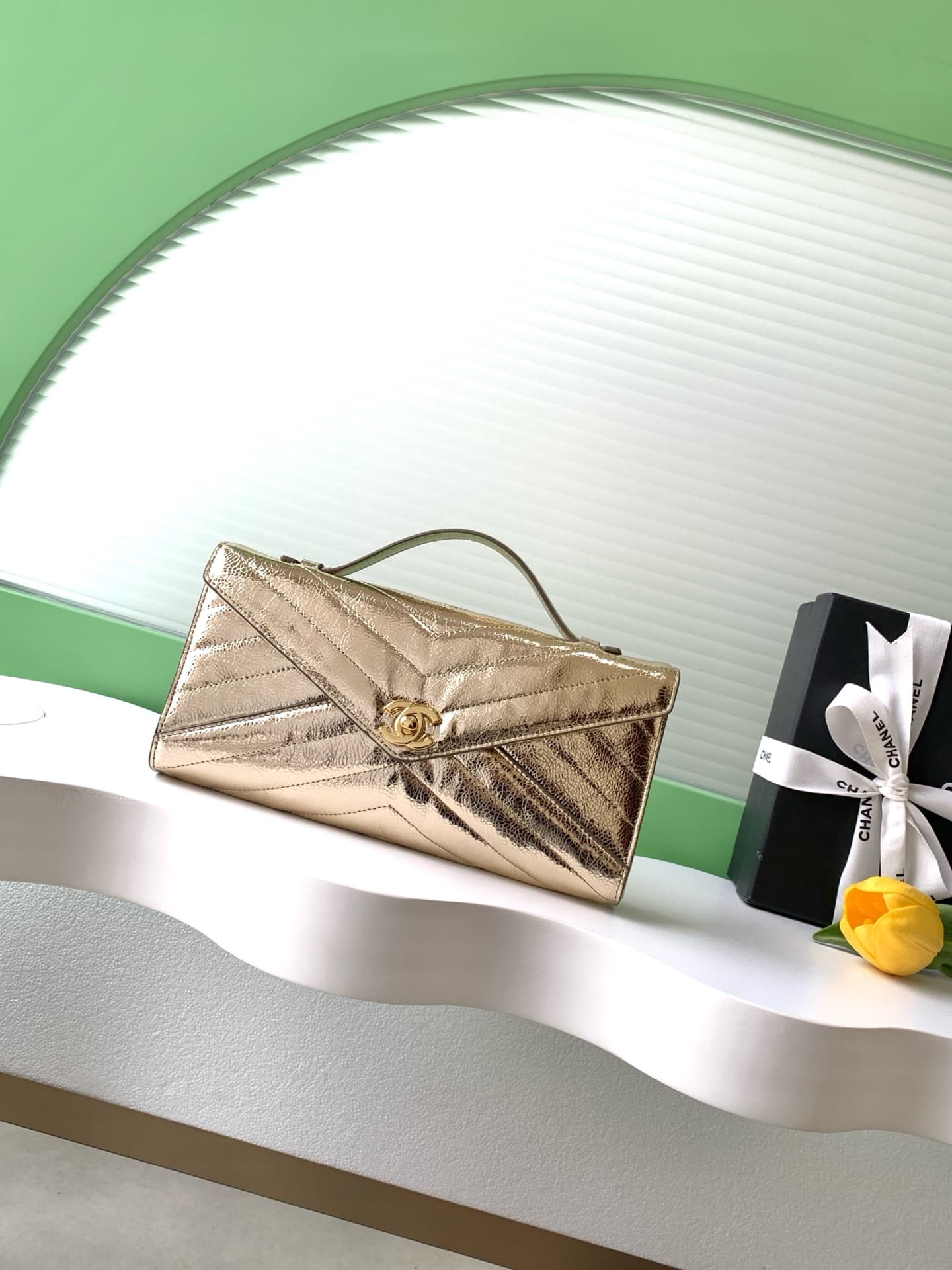 Chanel Flap Bag with Top Handle Metallic Chevron Calfskin Leather Finish& Gold-Tone Metal Champagne Gold AS6044 A