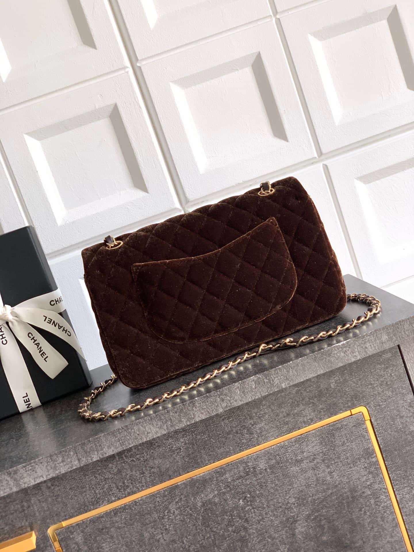Chanel Medium CLASSIC HANDBAG Velvet  & Gold-Tone Metal Coffee A