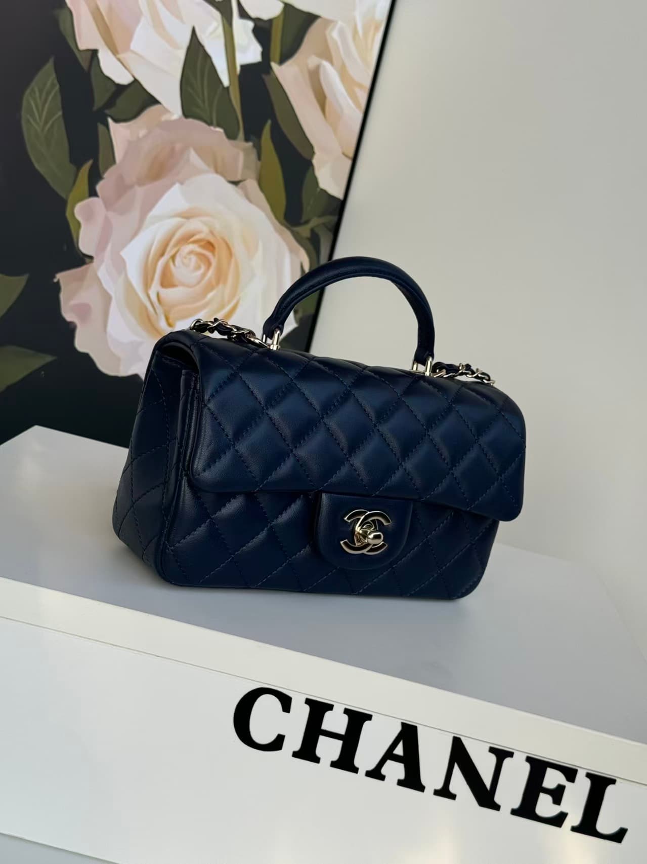 Chanel Mini Flap Bag with Top Handle Lambskin& Gold-Tone Metal Navy Blue A