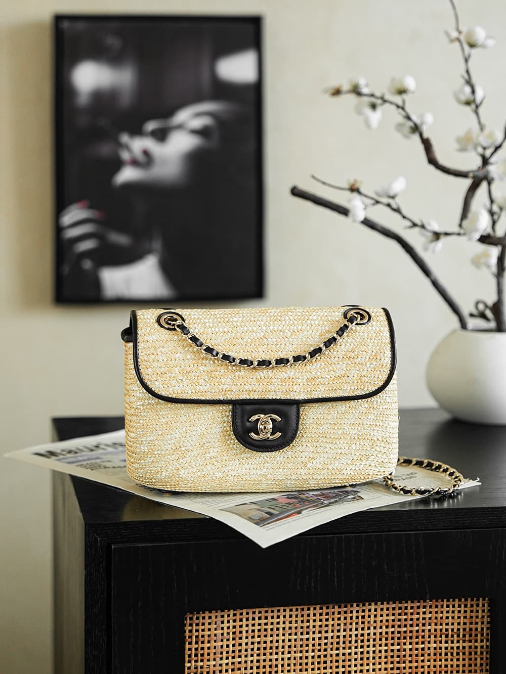 Chanel Coco Beach Small Flap Bag Braided Straw Lambskin & Gold-tone Metal AS6017 A