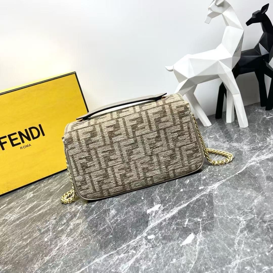 Fendi Baguette Chain Midi Bag In Light Beige Denim-Effect FF Jacquard Fabric High