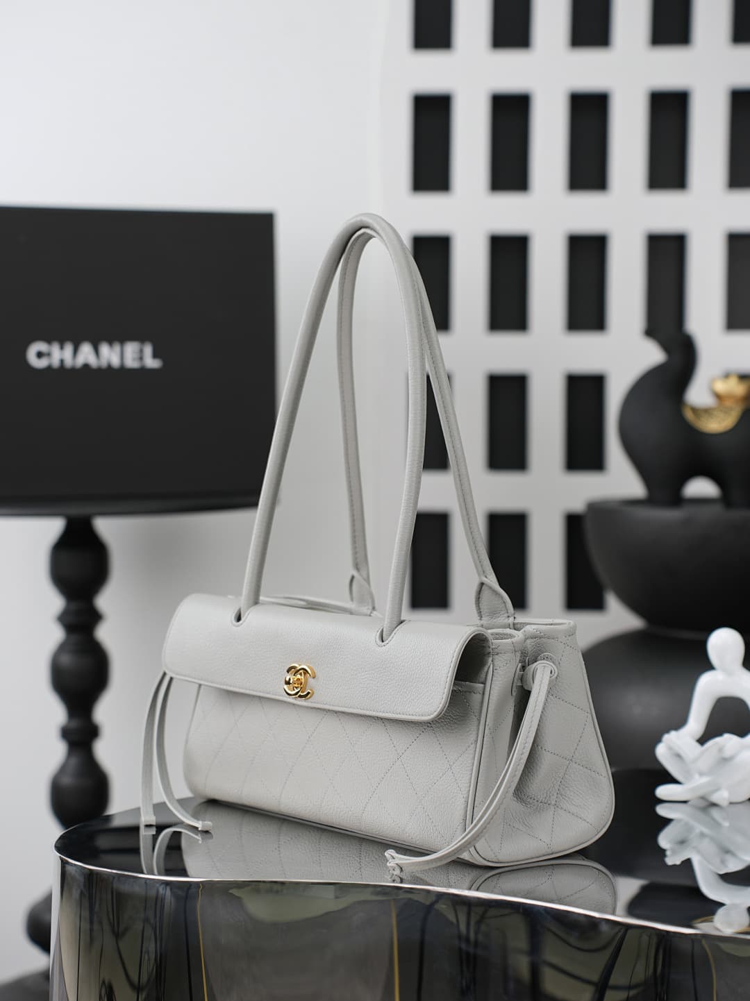 Chanel SMALL SHOPPING BAG Grained Calfskin & Gold-Tone Metal Light Grey AS6288 A