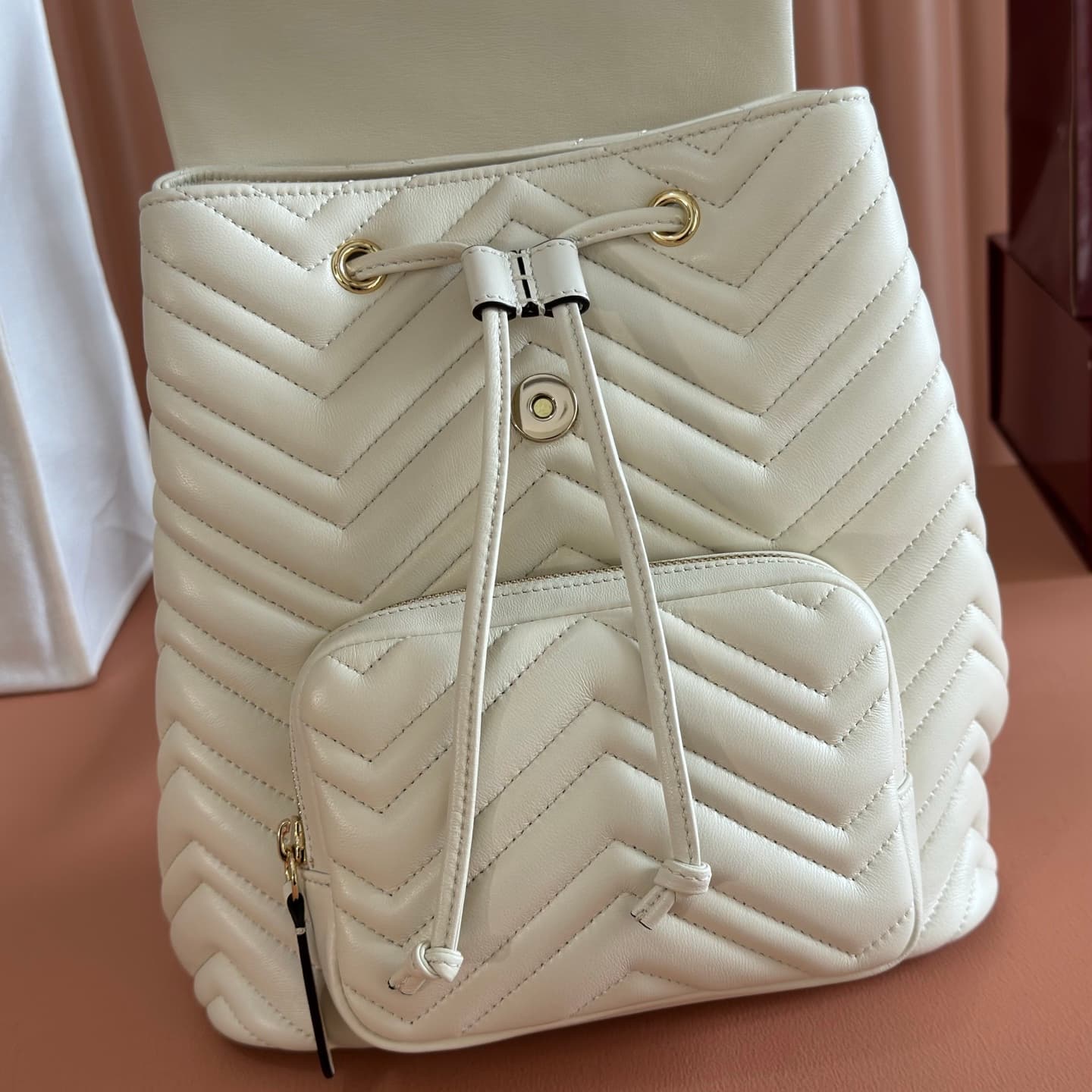 Gucci GG Marmont Small Backpack White Matelassé Chevron Nappa Leather 861878  High