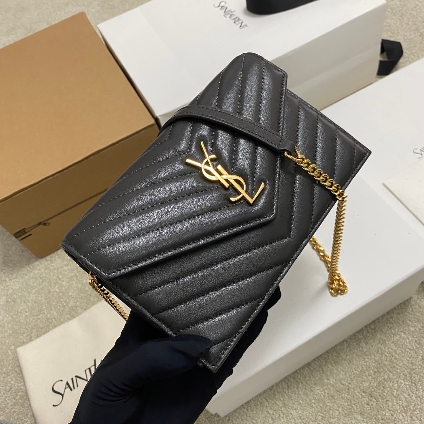 Saint Laurent Monogram Matelassé Cassandre Wallet on Chain Black Lambskin 393953 High