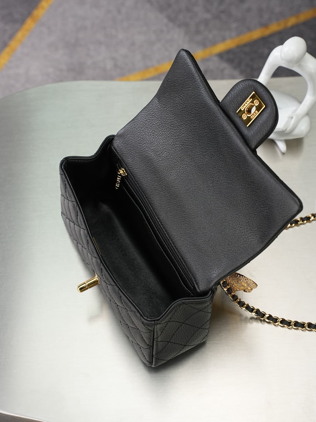 Chanel FLAP BAG WITH TOP HANDLE AS2431 Calfskin & Gold-Tone Metal Black A