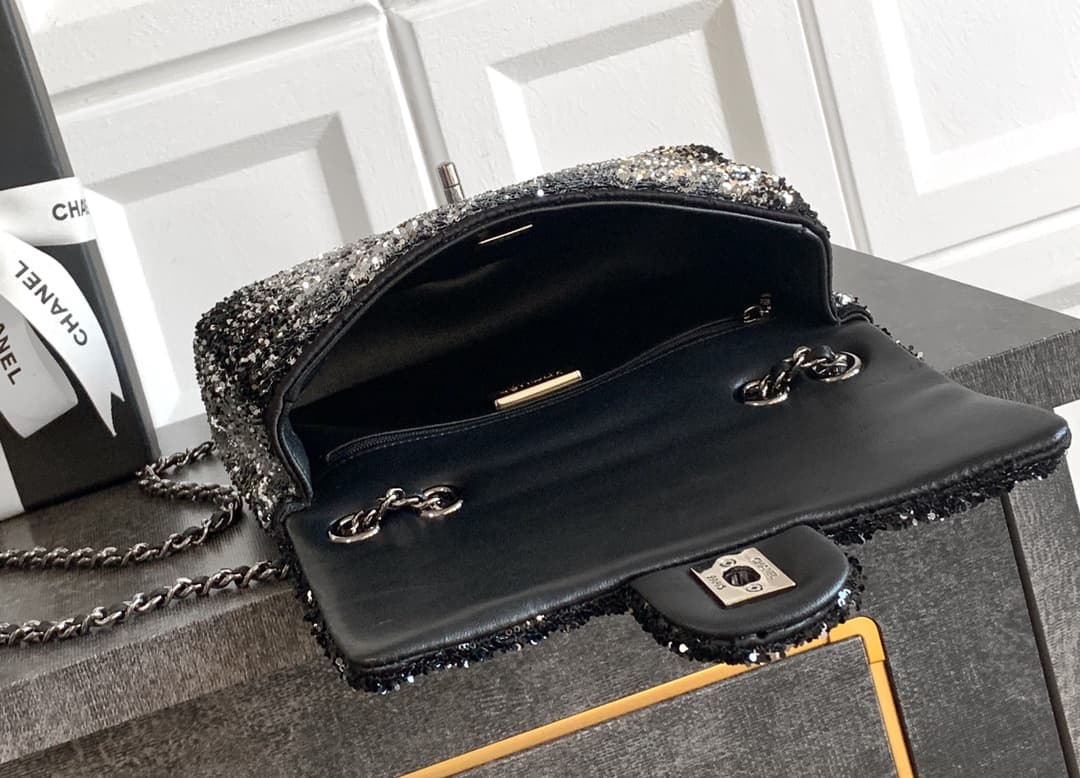 Chanel Classic Mini Flap Bag Sequin Embroidery & Silver-Tone Metal Black 6171 A