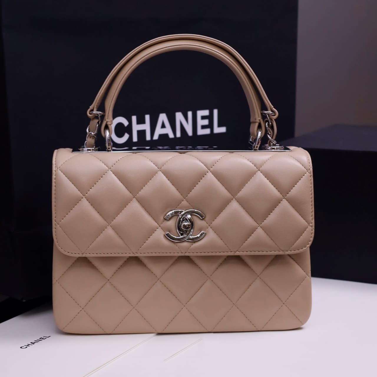 SMALL FLAP BAG WITH TOP HANDLE Lambskin Silver Metal Beige A