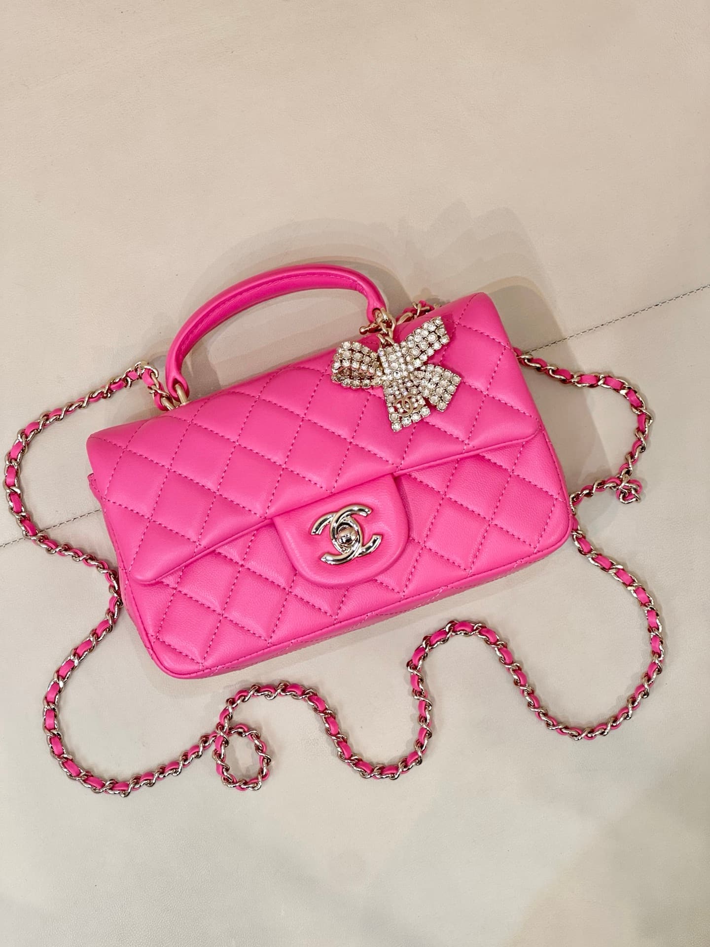 Chanel Mini Classic Handbag Lambskin Strass & Gold-Tone Metal AS2431 rose red TOP
