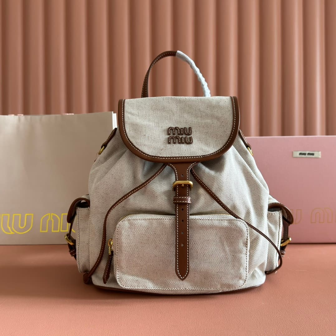 Miu Miu Cornflower Cord Beige/brandy Denim Backpack 5bz042 High