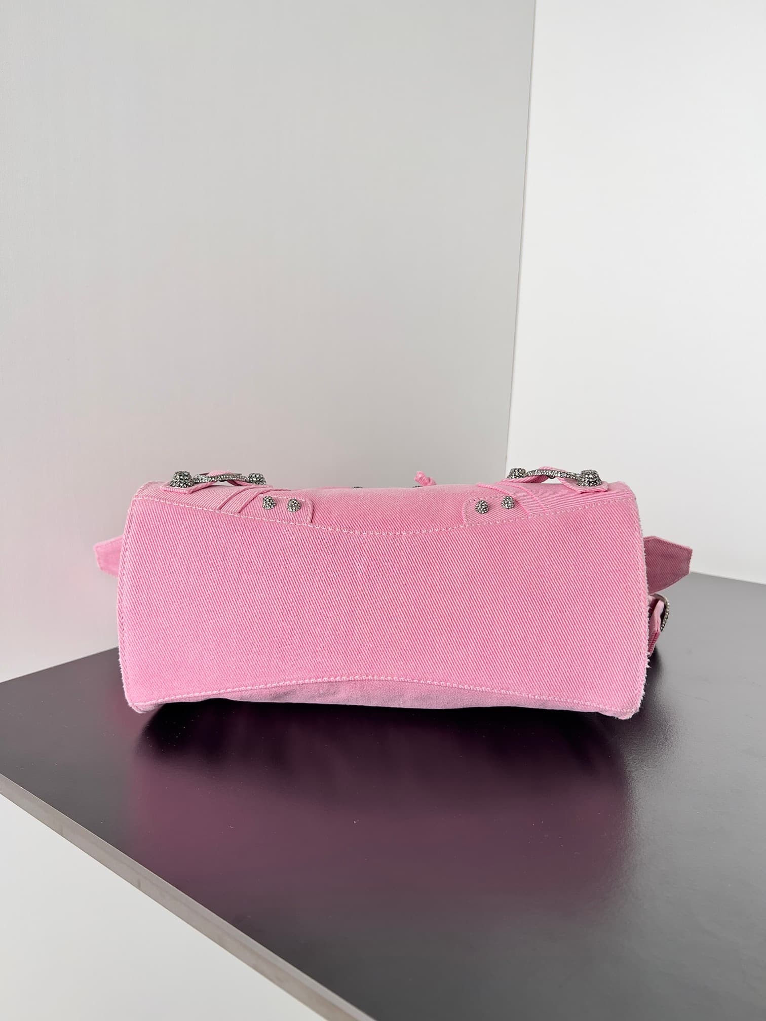 Balenciaga Small Neo Cagole City bag in Pink Washed Frayed Denim with crystal High