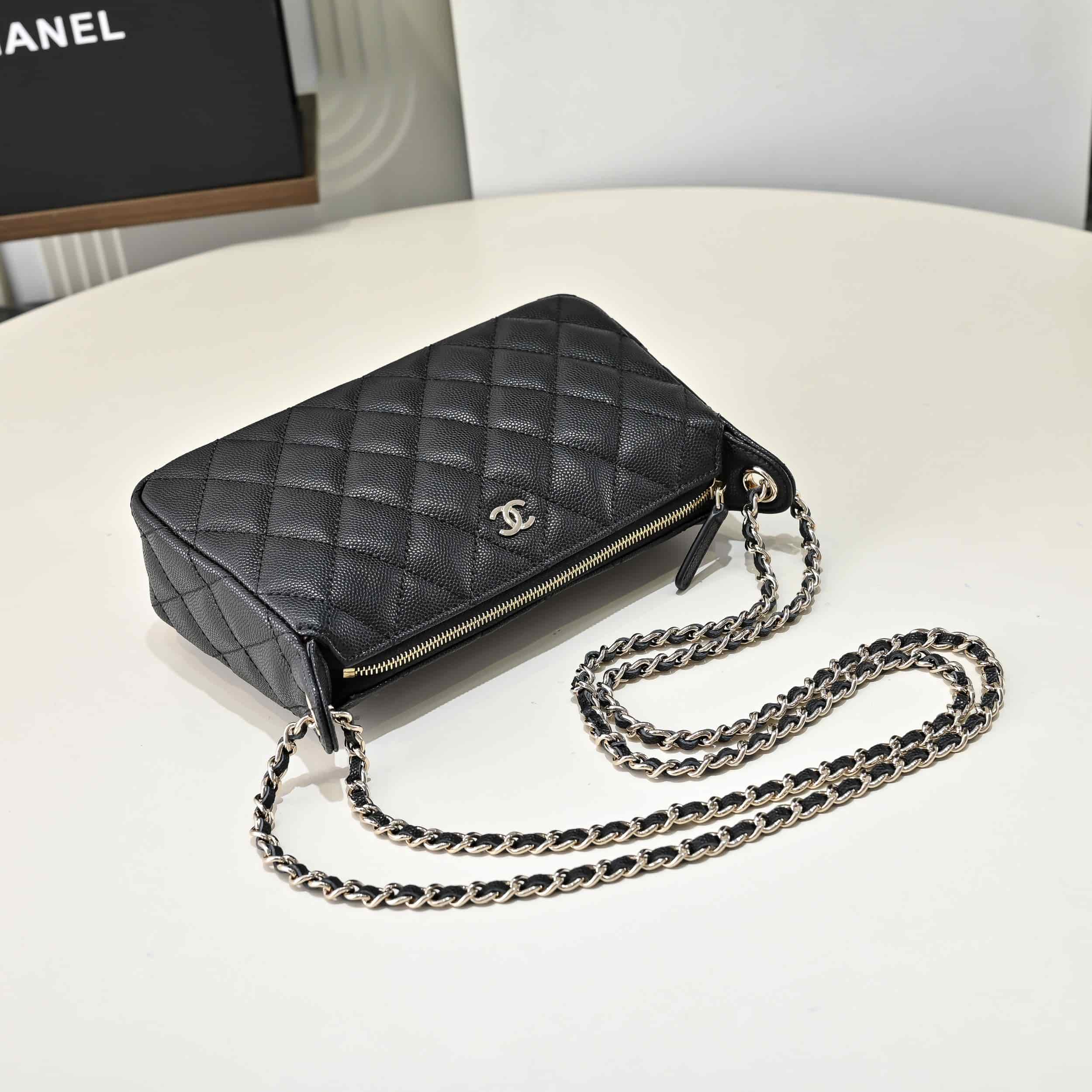 Chanel Chain Wallet Grained Shiny Calfskin & Gold-Tone Metal AS4704 Black A