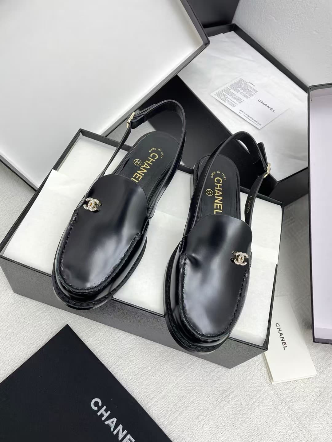 Chanel Diamante Slingback Loafers in Black Leather