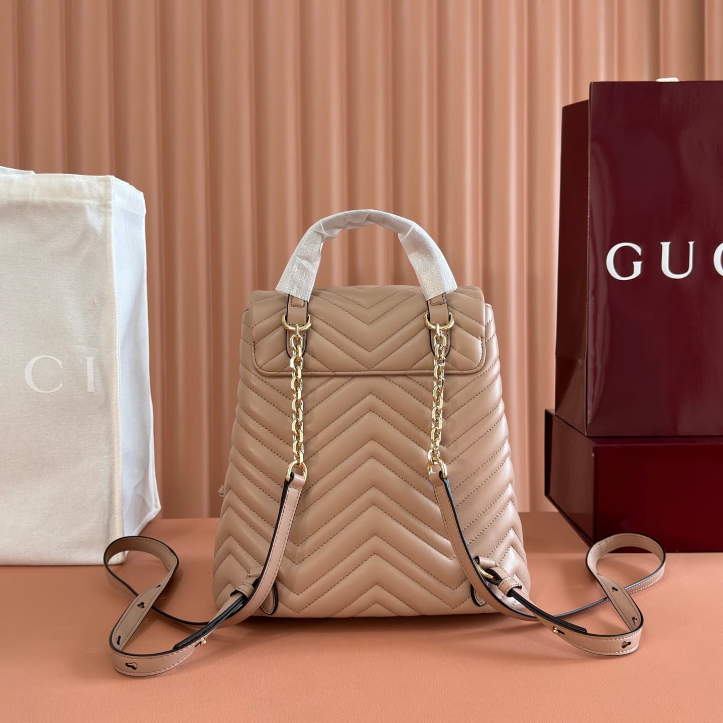 Gucci GG Marmont Small Backpack Beige Matelassé Chevron Nappa Leather 861878  High