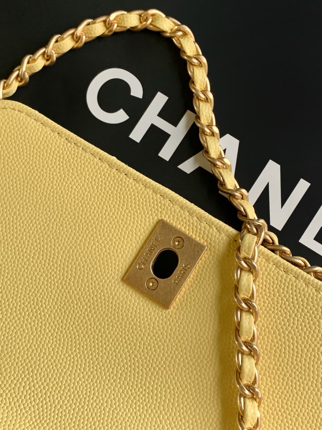 MINI FLAP BAG WITH TOP HANDLE AS2215 Grained Calfskin & Gold Metal Yellow A