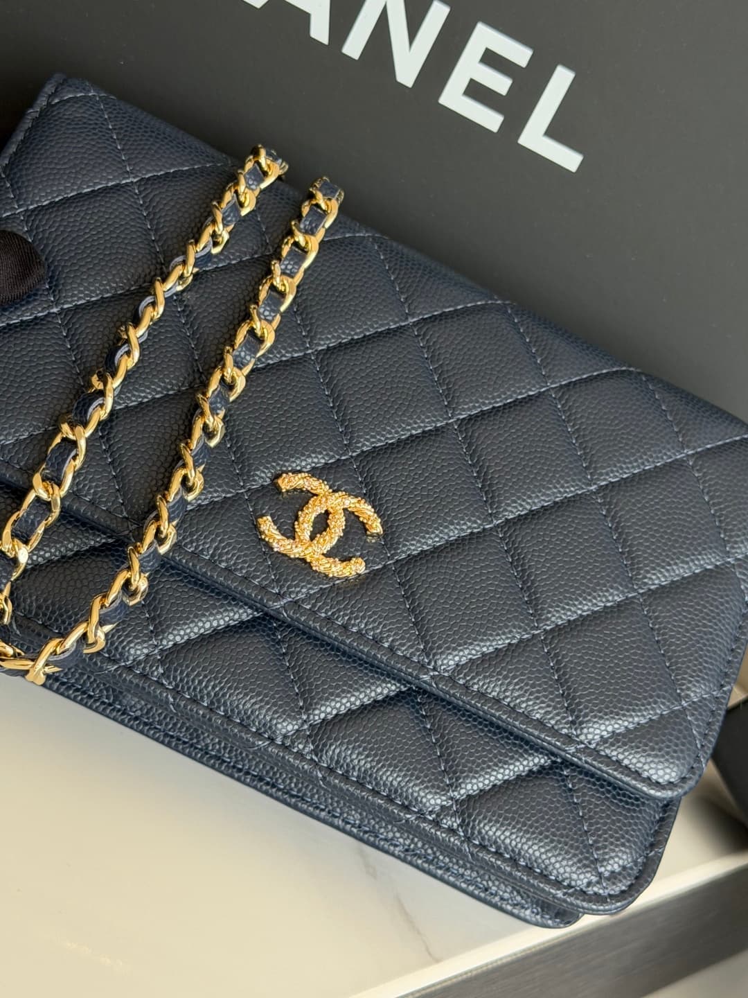 Chanel Wallet on Chain Shiny Grained Calfskin Strass & Gold-Tone Metal Dark Blue AP5073 High