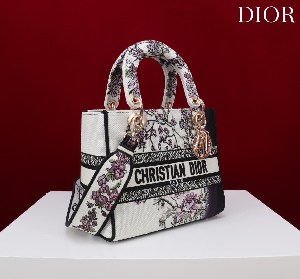 Medium Lady D-Lite Bag White and Purple Embroidery High