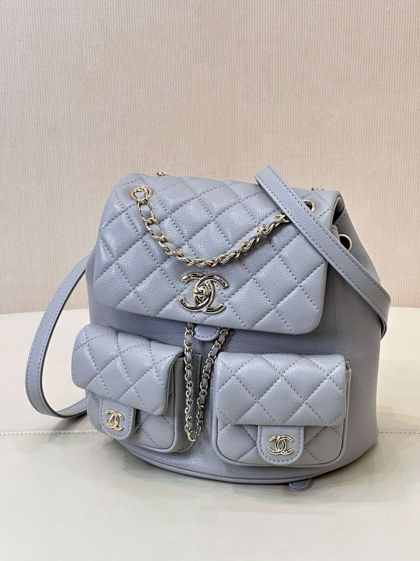 Chanel BACKPACK AS3860 Grained Shiny Calfskin & Gold-Tone Metal Grey TOP