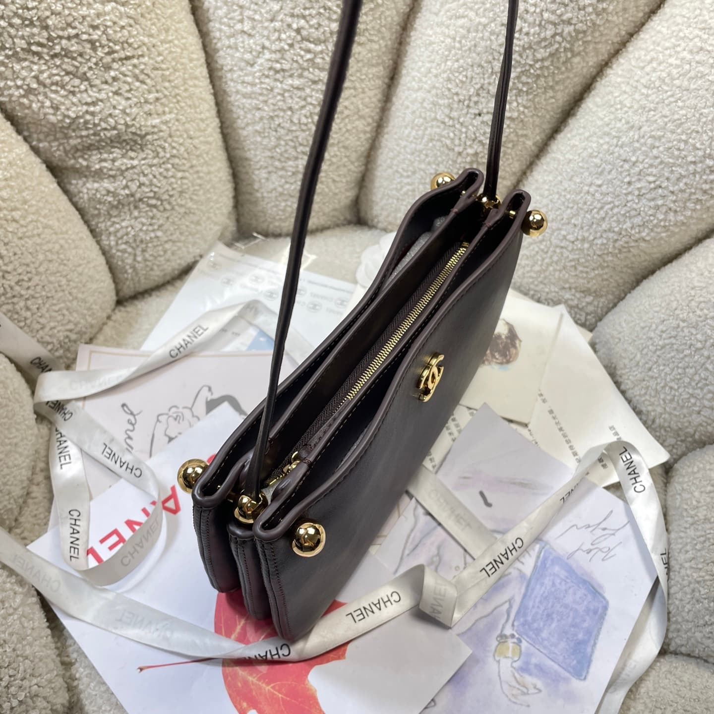 Chanel Shoulder Bag Shiny Calfskin& Gold-Tone Metal Dark Brown AS6238 High