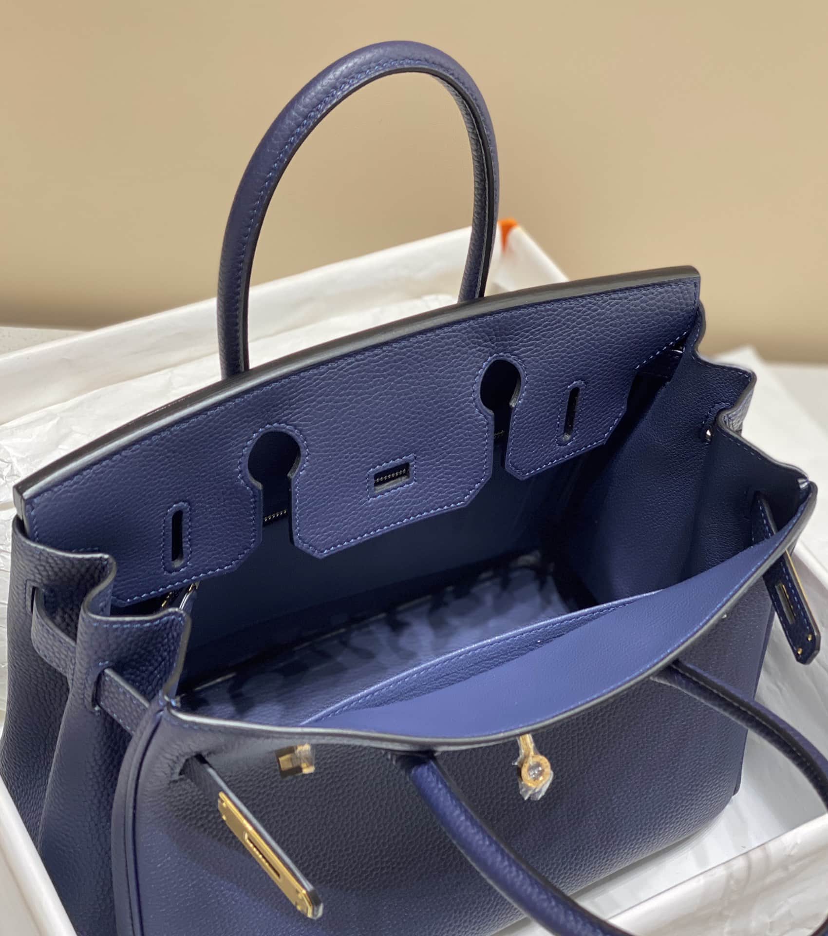 Hermes Birkin 25/30/35cm Bag Calfskin Silver/Gold Metal In Navy High