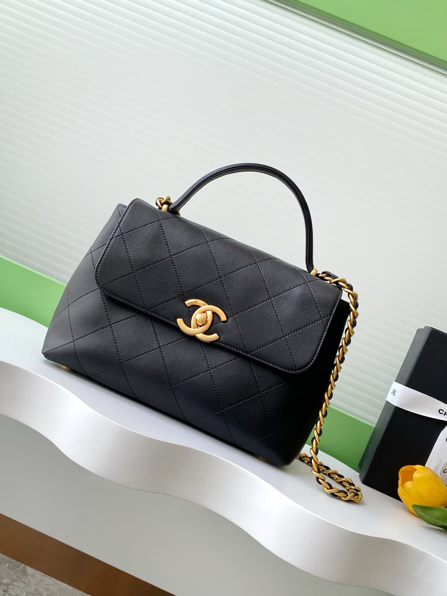 LARGE FLAP BAG WITH TOP HANDLE Calfskin & Gold-Tone Metal Black AS5467 A